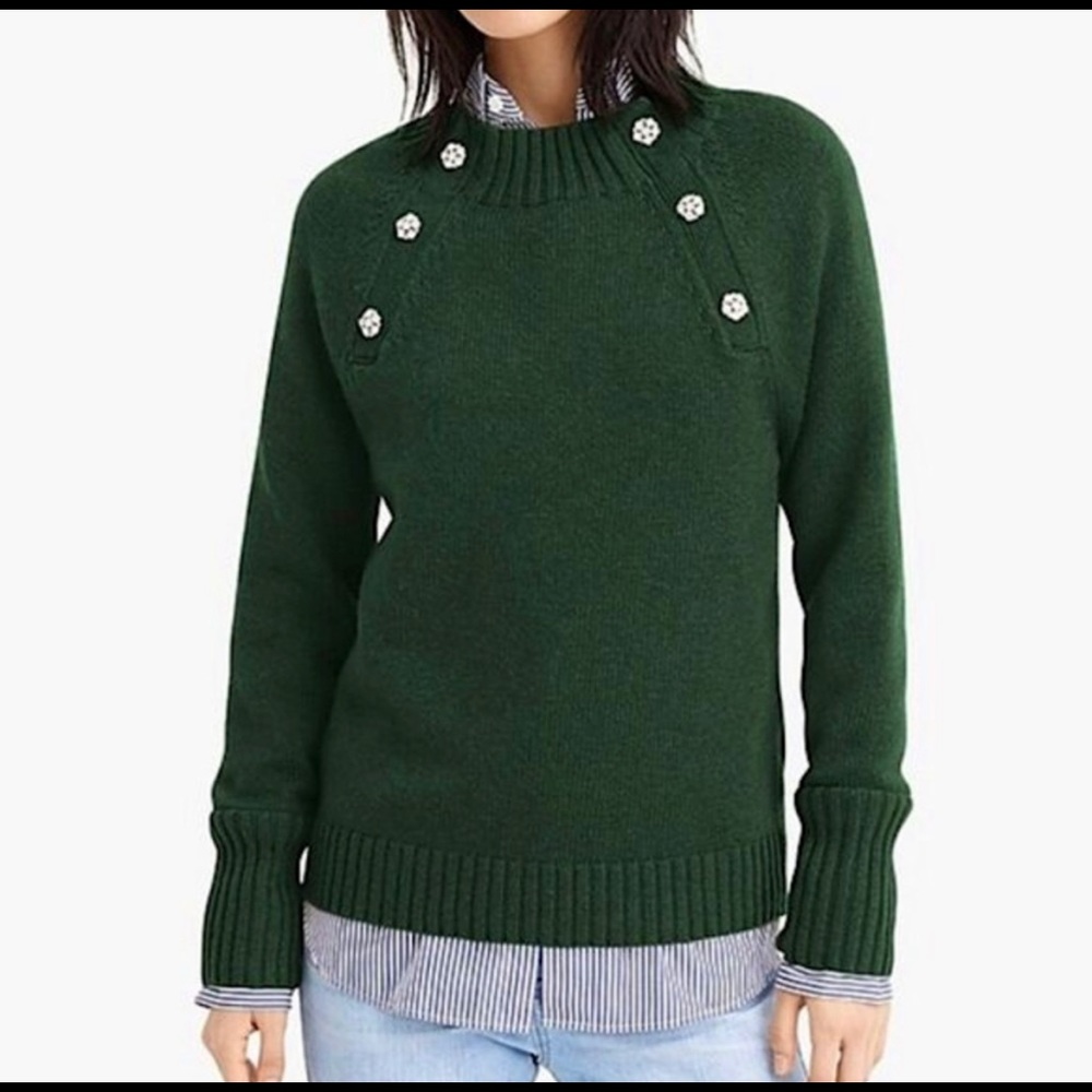 J. Crew Emerald Green Lambswool Jeweled Sweater